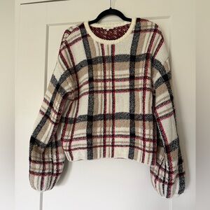 NWOT Z Supply Red, Black & Cream Plaid Textured Sweater Soft Cozy Fuzzy Fabric